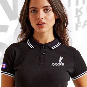 Women&#39;s Ska Shirt, Twin Tip Polo With Embroidered Logo, Retro Music T-Shirt, Northern Soul, Two Tone, Keep The Faith, Gift, Personalised Top