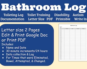 Toileting Routine Bathroom Chart Log Toilet Training Disability Autism Documentation  PDF Print or Edit Doc Write In Binder Planner