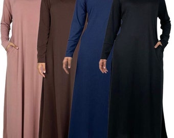 Chic and Classy  Plain Black, Brown More Colours Jersey Long Dress Abaya with pockets Classic A-line Long Dress with Elegant and Practical