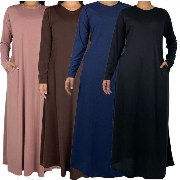 Chic and Classy  Plain Black, Brown More Colours Jersey Long Dress Abaya with pockets Classic A-line Long Dress with Elegant and Practical