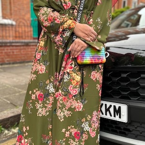 Floral Long Dress Stunning Green mix Beautiful print Abaya  Elegant & Fashionable Modest Wear wit h Stylish Belt Comfortable Material Summer