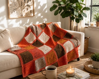 Coperta quadrata all'uncinetto fatta a mano, stile "Grandma Square": plaid autunnale in stile boho.
