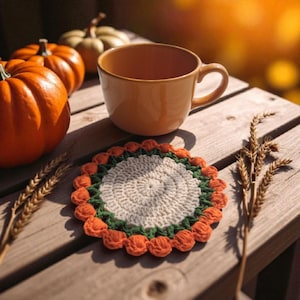 May include: A fall-themed still life featuring a ceramic mug, pumpkins, and a handmade crochet coaster. The coaster has a white center, green middle, and orange scalloped edge. The mug and pumpkins are orange, set on a wooden surface.