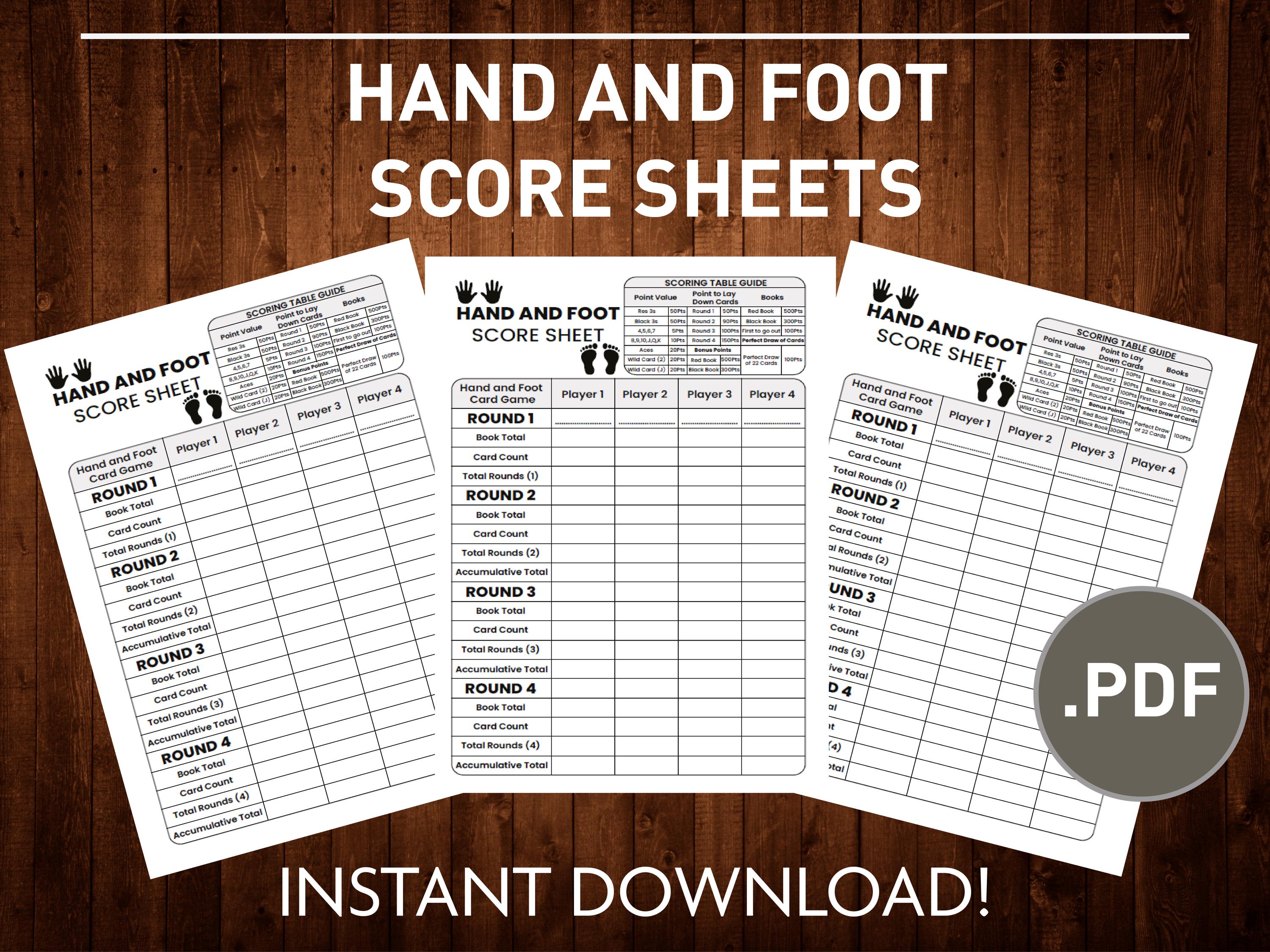 Printable Hand and Foot Score Sheet Hand and Foot Score Card Hand