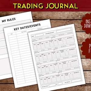 Op de afbeelding: Zwart-witte printbare handelsjournaal met secties voor "Mijn regels", "Belangrijke data/gebeurtenissen" en "Beschikbaar saldo". Het journaal bevat kolommen voor datum, tijd, type, prijs, hoeveelheid, kosten, nettowinst/verlies en nieuw saldo.