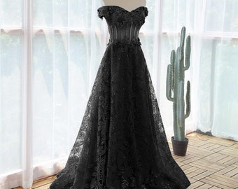 Elegant sequin lace Black flowers Evening dress prom dresses evening gowns