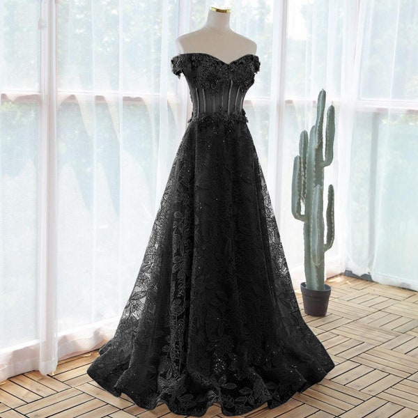 Elegant sequin lace Black flowers Evening dress prom dresses evening gowns