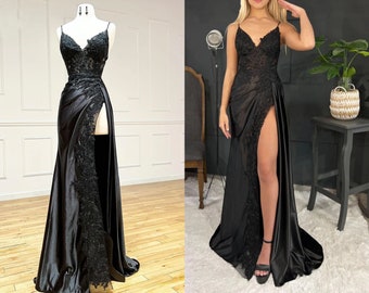 Elegant Mermaid lace Black flowers Evening dress prom dresses evening gowns