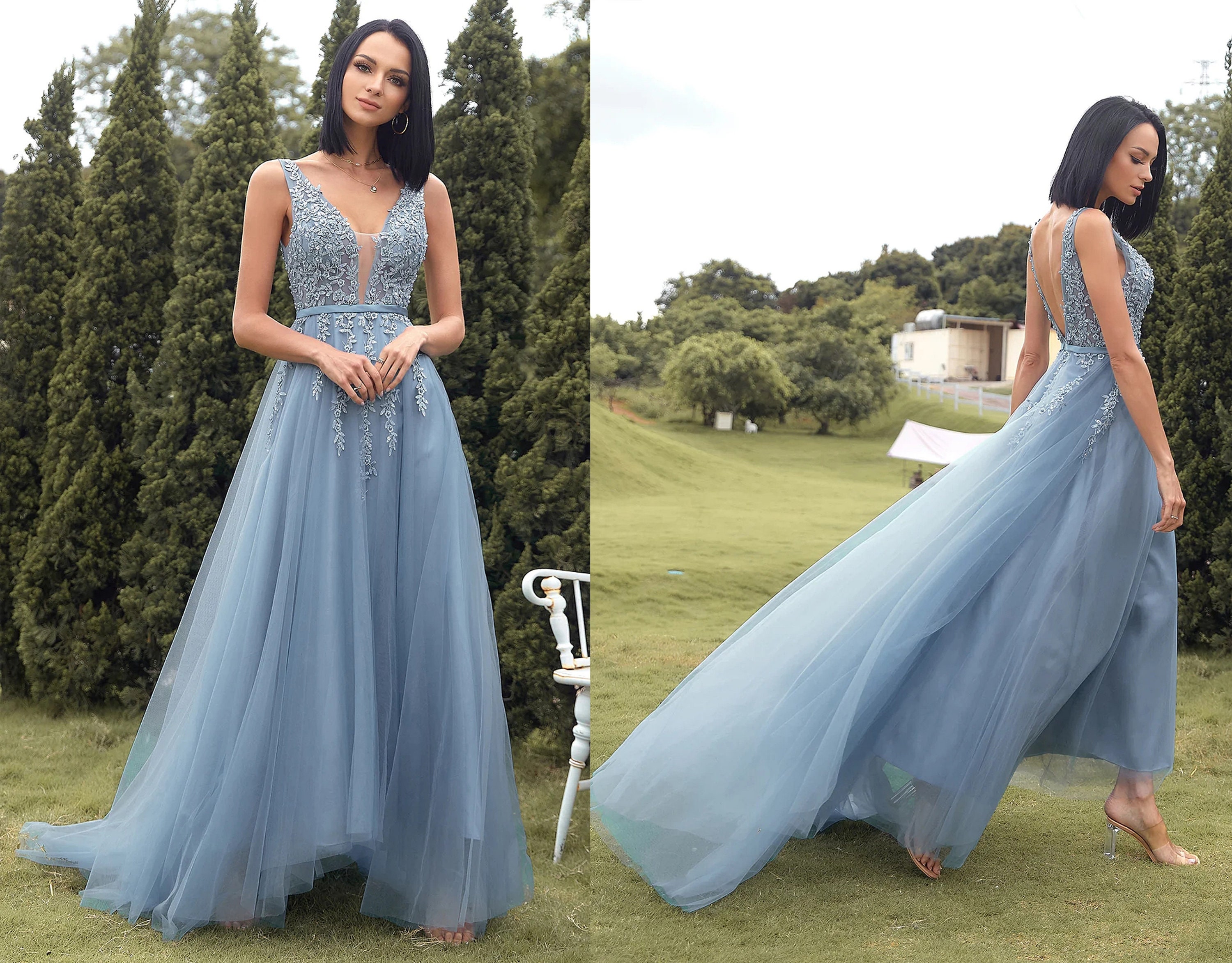 Dusty blue store formal gowns