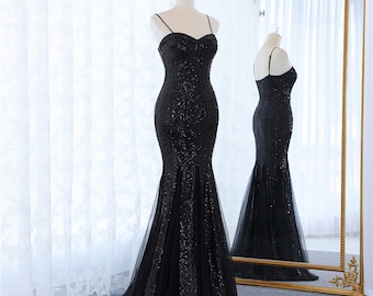 Women Long Trumpet Evening Dress With High Split Black Sequins Spaghetti One Shoulder Mermaid Party Dresses Prom Formal Bridesmaid Dress