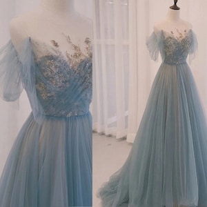 A-Line Scoop Neckline Tulle Gray Blue Long Prom Dress with Sequin, Sweep Train Green Formal Dress Elegant Party Dress Evening Gowns