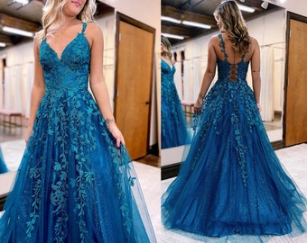 A-line V-Neck Lace Appliques Blue Long Prom Dress Evening dress prom dresses evening gowns