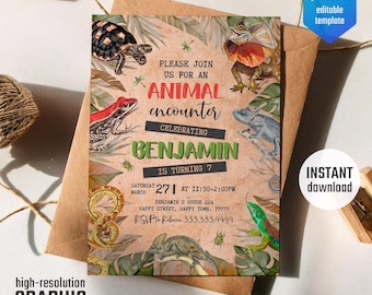May include: A brown invitation with green leaves and illustrations of various animals, including a turtle, frog, chameleon, and lizard. The text reads "Please join us for an animal encounter celebrating Benjamin is turning 7. Saturday, March 27 at 11:30-2:00pm. Benjamin's House 224, Happy Street, Happy Town, 77777. RSVP to Rebecca 333.333.4444."