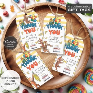 May include: Four customizable gift tags with a yellow and white striped background. Each tag features a cartoon monkey, balloons, a birthday cake, and the words "THANK YOU" in blue and red. Text on the tags reads "for making my birthday so special!"