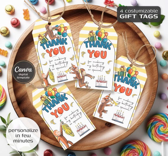 Curious George printable gift tags, birthday party thank you card, Editable Template, diy Monkey bday decorations,  party favors