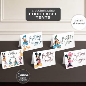 May include: Five customizable food label tents with Disney character illustrations. Each tent features a different character and food item, such as "Birthday nuggets" and "Birthday pizza." The text "5 customizable FOOD LABEL TENTS" is at the top.