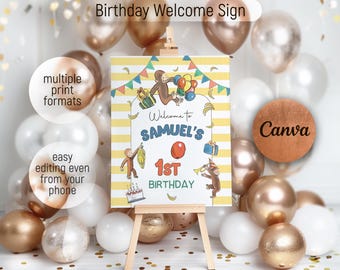 Curious George welcome sign template, printable First birthday party Monkey welcome in poster, boy birthday, Ape b-day decoration template