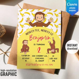 Invito di compleanno a tema George il Curioso, compleanno di un bambino di 1°, 2° e 3° anno, modello modificabile, invito stampabile a tema scimmia, invito a tema scimmia, festa a tema George il Curioso
