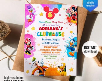 Afdrukbare verjaardagsuitnodiging clubhuis, uitnodiging muisfeest, bewerkbare uitnodiging, Mickey-uitnodiging, uitnodiging clubhuis
