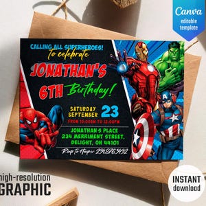 Printable boy birthday invite, Super Hero editable party invitation, Hulk, Spiderman, Captain America invite template, Avengers invitation