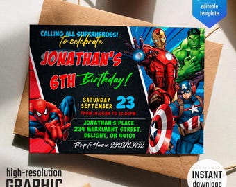 May include: A superhero-themed birthday invitation with a red, blue, and green color scheme. The invitation features images of Spiderman, Iron Man, Captain America, and Hulk. The text on the invitation reads "Calling all superheroes! To celebrate Jonathan's 6th Birthday! Saturday September 23 from 10:00am to 12:00pm Jonathan's Place 234 Merriment Street, Delight, OH 44101 Rsvp to Harper 234.876.5432"