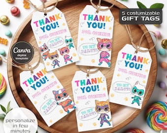 SuperKitties printable gift tags, birthday party thank you card, Editable Template, diy Kitten bday decorations,  party favors