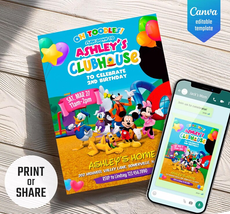 Printable Clubhouse birthday invitation, editable invite, Mickey invitation, Clubhouse invitation, Mouse Party invite image 3