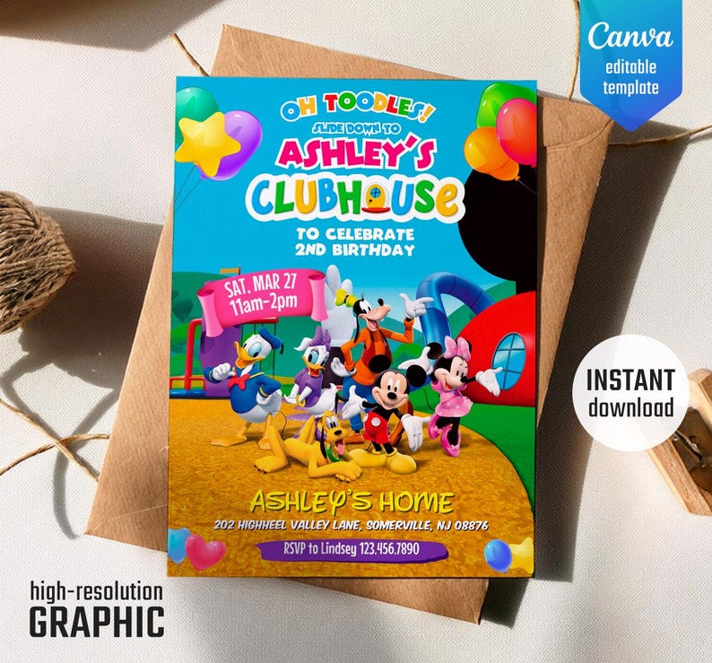 Printable Clubhouse birthday invitation, editable invite, Mickey invitation, Clubhouse invitation, Mouse Party invite image 1