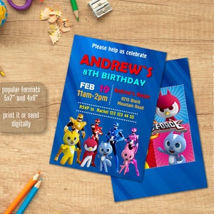 May include: Printable invitation for Andrew's 8th birthday party. The invitation features a blue background with a cartoon character from the show "Super Why!" and the text "Please help us celebrate Andrew's 8th Birthday". The invitation also includes the date, time, and location of the party.