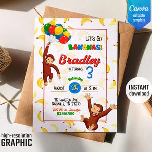 Invito di compleanno a tema Curious George, festa a tema Curious George, invito stampabile a tema scimmia, compleanno di un bambino di 1°, 2° e 3° anno, invito a tema scimmia, modello modificabile