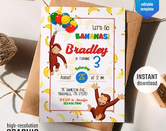 Einladung zum Geburtstag von Curious George, Curious George Party, druckbare Affen-Einladung, 1., 2. oder 3. Geburtstag für Jungen, Affen-Einladung, bearbeitbare Vorlage