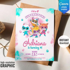 SuperKitties invitation, printable editable Super Kitties invite, Kitten Invitation Cute invite, SuperKitty Birthday Party invite template