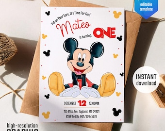 May include: A printable birthday invitation featuring Mickey Mouse. The invitation is white with red, yellow, and black accents. The text reads "Put on Your Ears, It's Time For Fun! Mateo is turning One. December 12, 12:00PM, 135 Bliss Ave. Joyland, ME 04101, RSVP to Ella 901/234/5678".