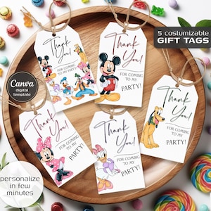 May include: Five customizable gift tags with Disney characters, including Mickey Mouse, Minnie Mouse, and Pluto. Each tag says "Thank You! For coming to my party!" and is attached with twine. The tags are on a wooden tray surrounded by colorful candies.
