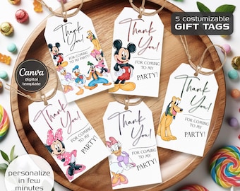 Etichette regalo stampabili Clubhouse, biglietti di ringraziamento per feste di compleanno, modello modificabile, decorazioni fai da te per il compleanno di Topolino, bomboniere