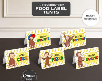 May include: Five customizable food label tents with cartoon monkey illustrations. Each tent features a different food item: Cake, Nuggets, Pizza, Popcorn, and Sweets. The tents have a yellow background with banana patterns and the text "Birthday".