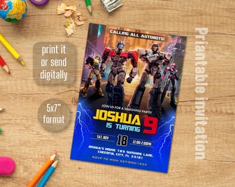 May include: A blue and yellow printable invitation for a birthday party. The invitation features a robot theme with a large number 9 and the text "Joshua is turning 9".
