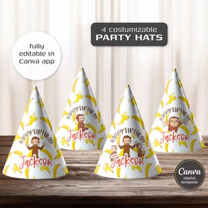 May include: Four customizable party hats with a banana pattern and the text "Happy Birthday Jackson". Each hat features a cartoon monkey illustration and is fully editable in the Canva app.