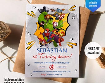 May include: A colorful invitation for a birthday party featuring a cartoon image of superheroes like Spiderman, Hulk, Iron Man, and Captain America. The invitation says "Sebastian is Turning Seven!" and includes details about the party, including the date, time, and location.