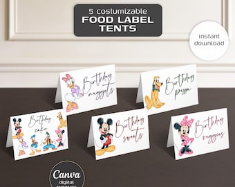 Tenda da tavolo stampabile Clubhouse, etichetta per cibo o nome, modello modificabile per festa di compleanno, decorazioni fai da te per il compleanno di Topolino, bomboniere