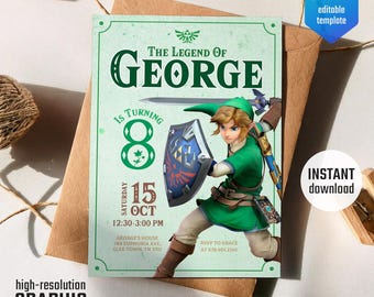 video gamer invite, Legend of Zelda birthday invitation, digital download, Zelda Tears of the Kingdom, birthday party, game on invitation