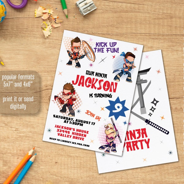 Ninja kidz editable printable Invitation, Boy Girl Birthday Invitation, Electronic invite, Instant Download, Ninja Birthday Invite template