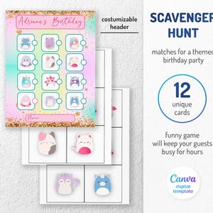 Squish Scavenger Hunt, printable birthday party game, diy Squishmallow bday activity, party favors