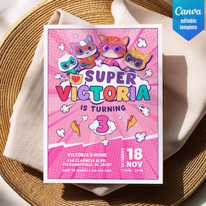 SuperKitties Einladung, druckbare bearbeitbare Super Kitties einladen, Kätzchen-Einladung Niedliche Einladung, SuperKitty-Geburtstagsfeier einladen Vorlage Bild 2