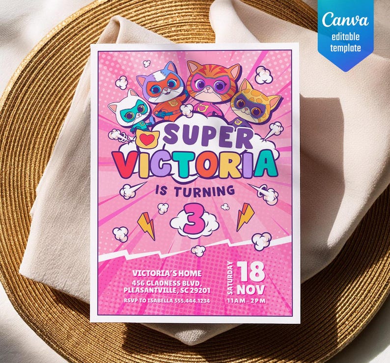 SuperKitties Einladung, druckbare bearbeitbare Super Kitties einladen, Kätzchen-Einladung Niedliche Einladung, SuperKitty-Geburtstagsfeier einladen Vorlage Bild 2