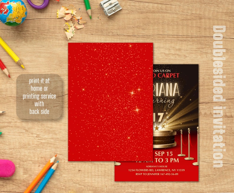 Printable Hollywood birthday invitation, Cinema invitation, editable invite template, movies party, red carpet image 2