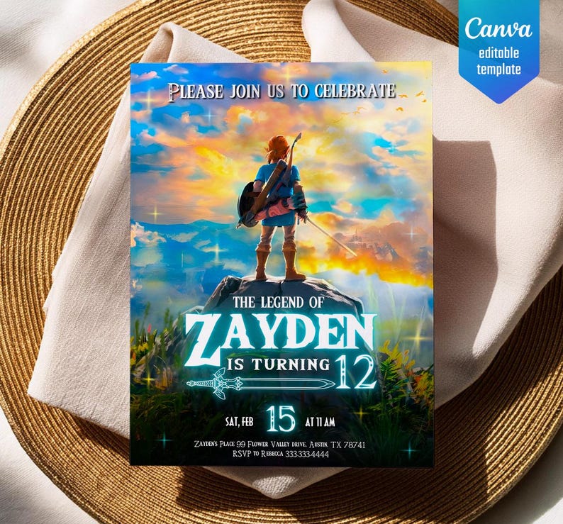 video gamer invite, game on invitation, birthday party, digital download, Legend of Zelda birthday invitation, Zelda Tears of the Kingdom image 2