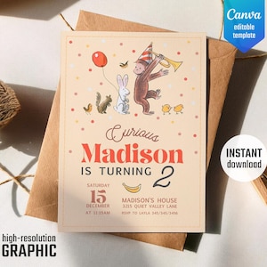 Curious George birthday invitation, printable Monkey invite, boy 1st 2nd 3rd birthday, Curious George party, editable template, Ape invite