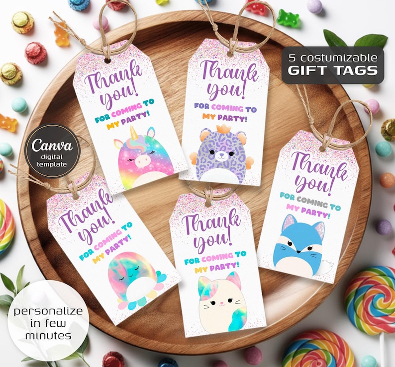 Squish Printable Gift Tags, Birthday Party Thank You Card, Editable ...