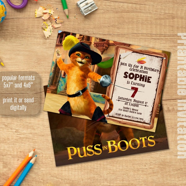 Cat Editable Invitation, Printable puss in boots Birthday Invite, shrek invitation, Instant Download, puss in boots Birthday Invite template